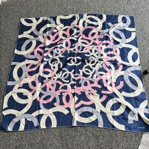 Chanel Navy and Pink Silk Scarf